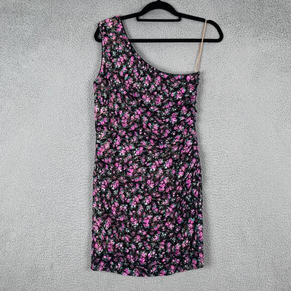 Dress the Population Dress Womens Large One Shoulder Ruched Mini Floral - Picture 1 of 9